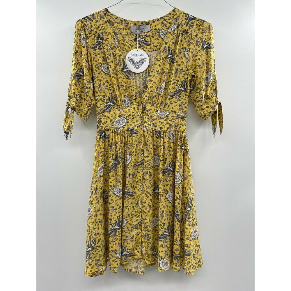 Auguste x Revolve Valentina Crop Sleeve Mini Dress in Floral Bird Yellow sz 2